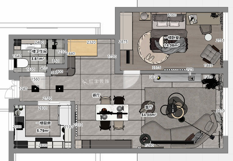 吴波｜华府国际43-1-707-148㎡-轻法风格｜复式｜4室2厅3卫｜旧房装修｜定制家｜全包18万｜00_05一楼平面彩图